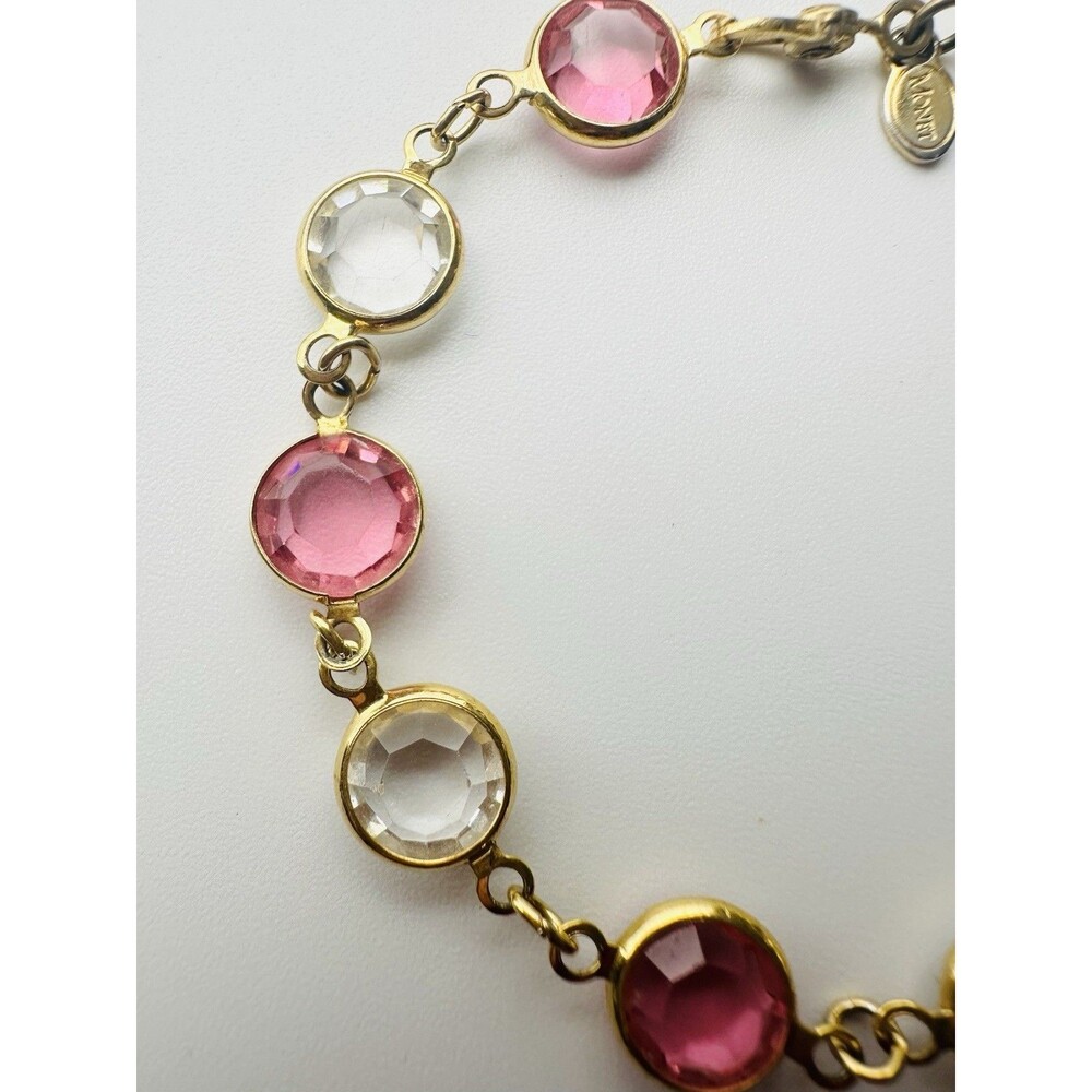 Vintage Monet Goldtone Pastel Pink Crystal Bracelet 7” - Picture 3 of 7
